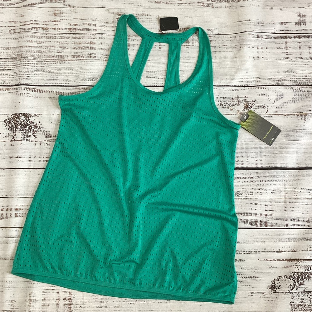 289. Tek Gear Green Open Knit Cross-Back Tank Top L NWT